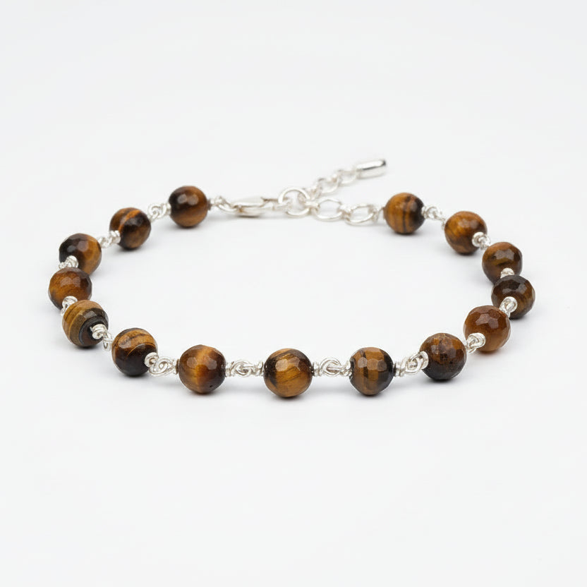 Tiger Eye Faceted 925 Silver Wire Bracelet-6 mm