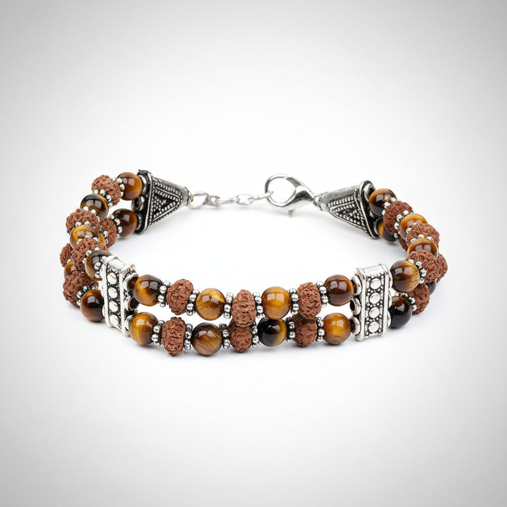 Tiger Eye & 8 Mukhi Rudraksha German Silver Designer Bracelet-8 mm