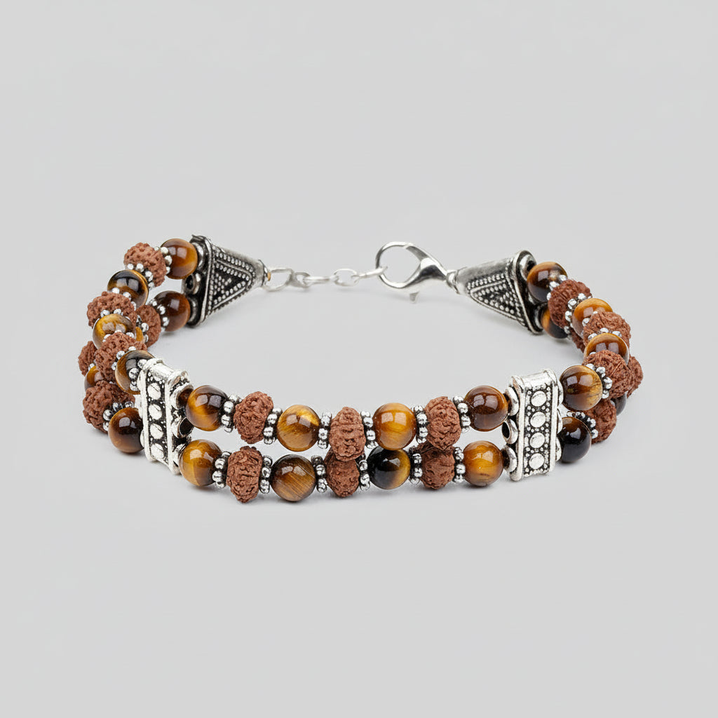 Tiger Eye & 8 Mukhi Rudraksha German Silver Designer Bracelet-6 mm