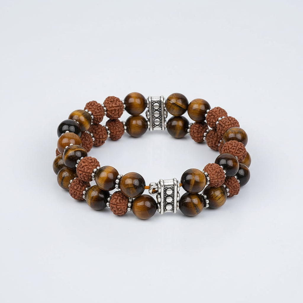 Tiger Eye & 8 Mukhi Rudraksha German Silver Designer Bracelet-8 mm