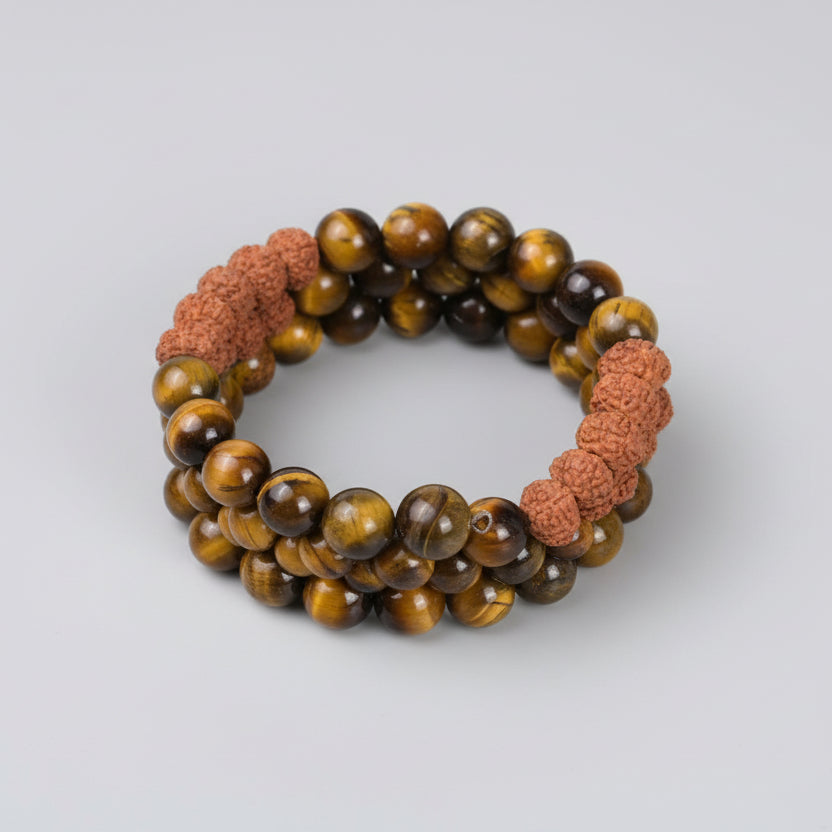 Tiger Eye & 8 Mukhi Rudraksha Spiral Stack Bracelet-6 mm