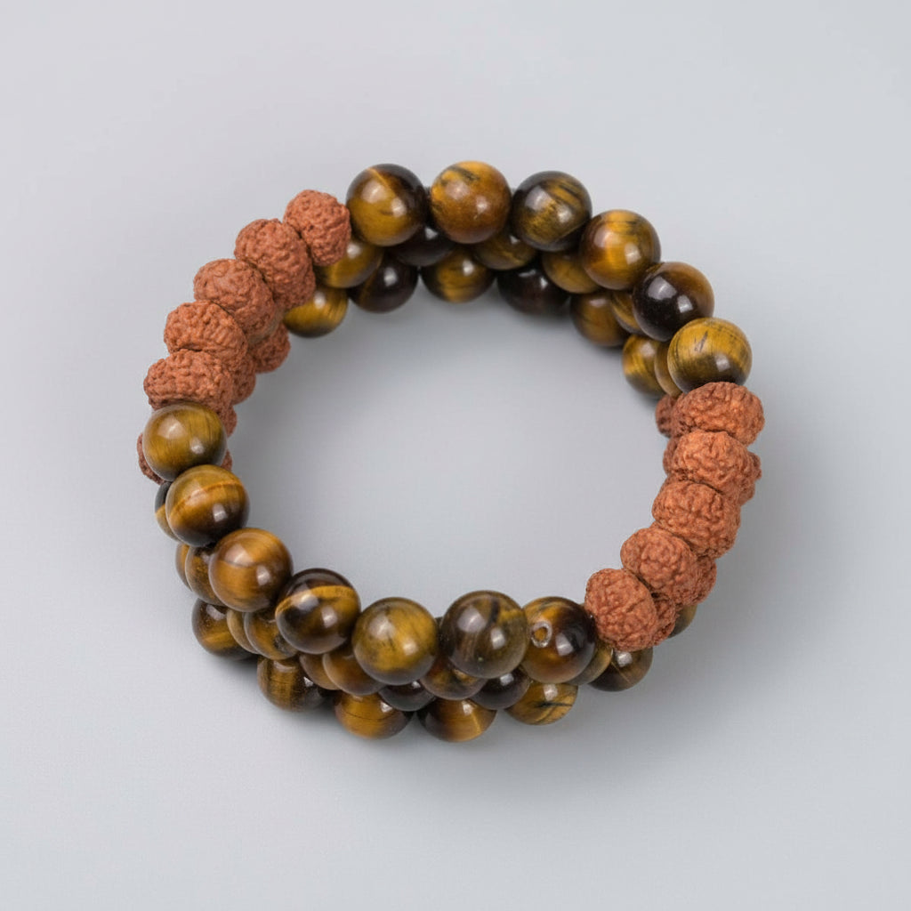 Tiger Eye & 8 Mukhi Rudraksha Spiral Stack Bracelet-8 mm