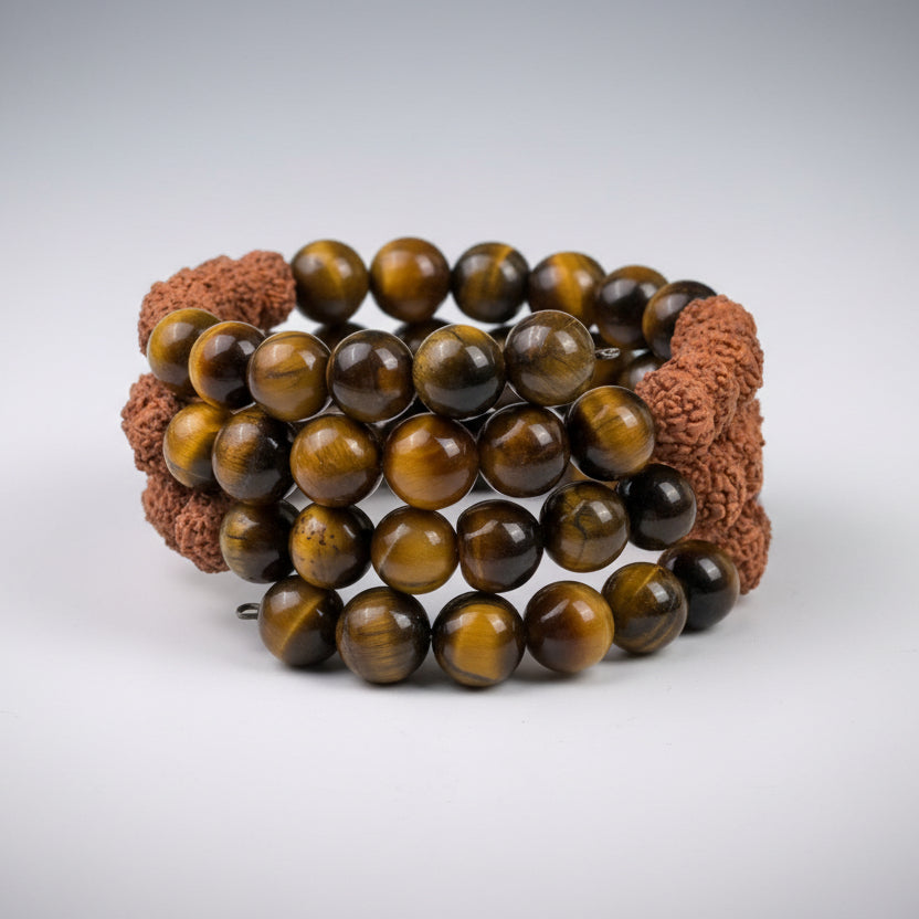 Tiger Eye & 8 Mukhi Rudraksha Spiral Stack Bracelet-8 mm