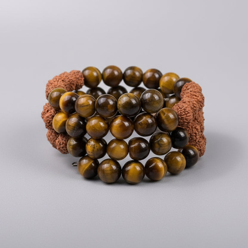 Tiger Eye & 8 Mukhi Rudraksha Spiral Stack Bracelet-6 mm