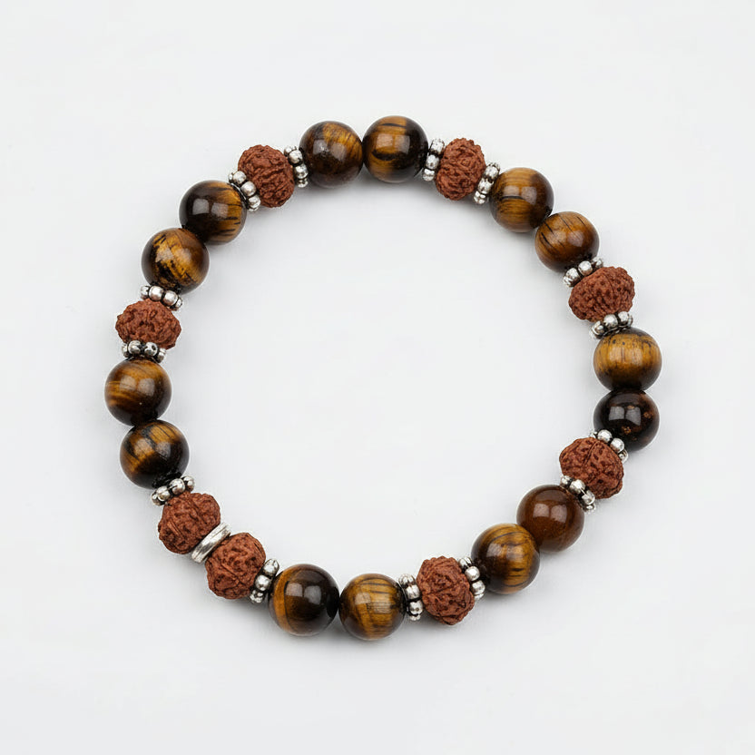 Tiger Eye & 8 Mukhi Rudraksha Silver Chakri Bracelet-8 mm