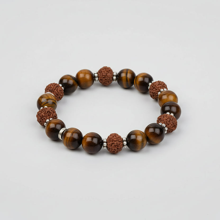 Tiger Eye & 8 Mukhi Rudraksha Silver Chakri Bracelet-8 mm