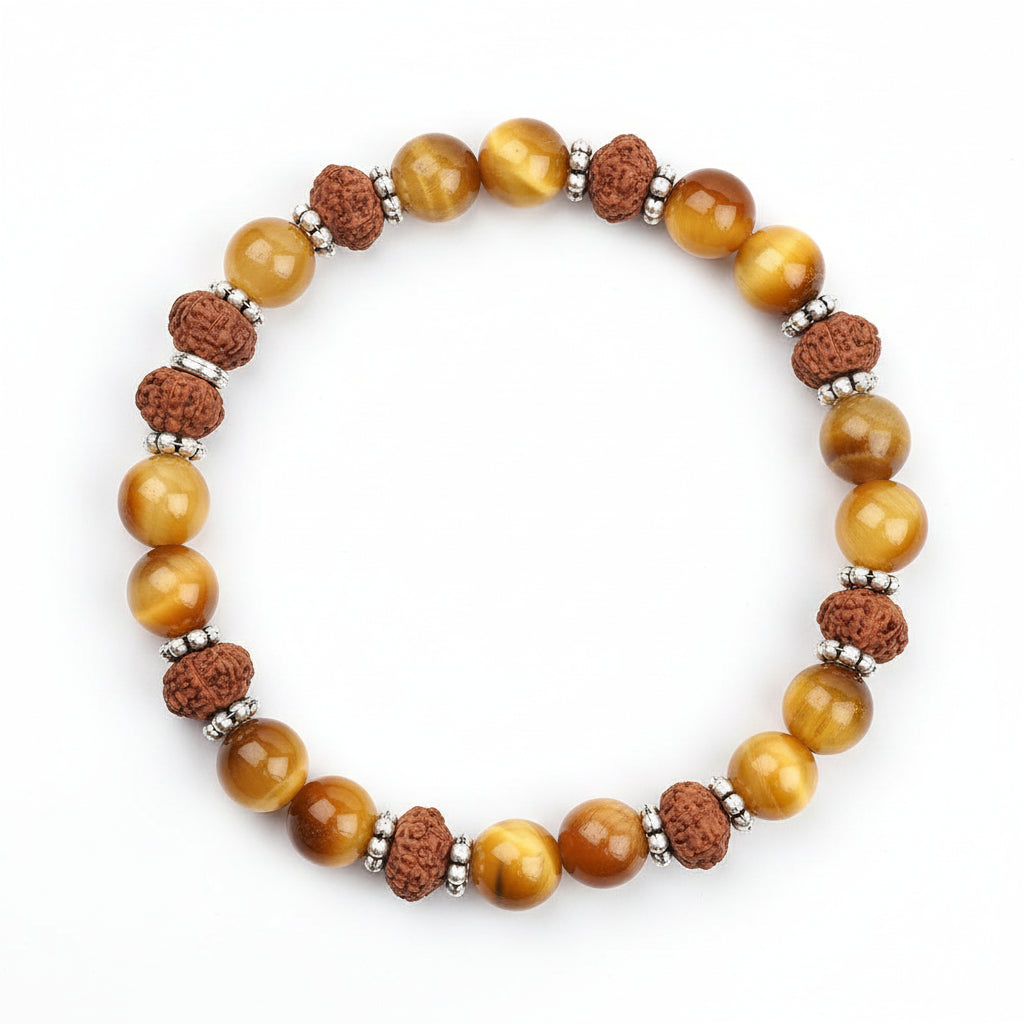Brown Cats Eye & 8 Mukhi Rudraksha Silver Chakri Bracelet-8 mm