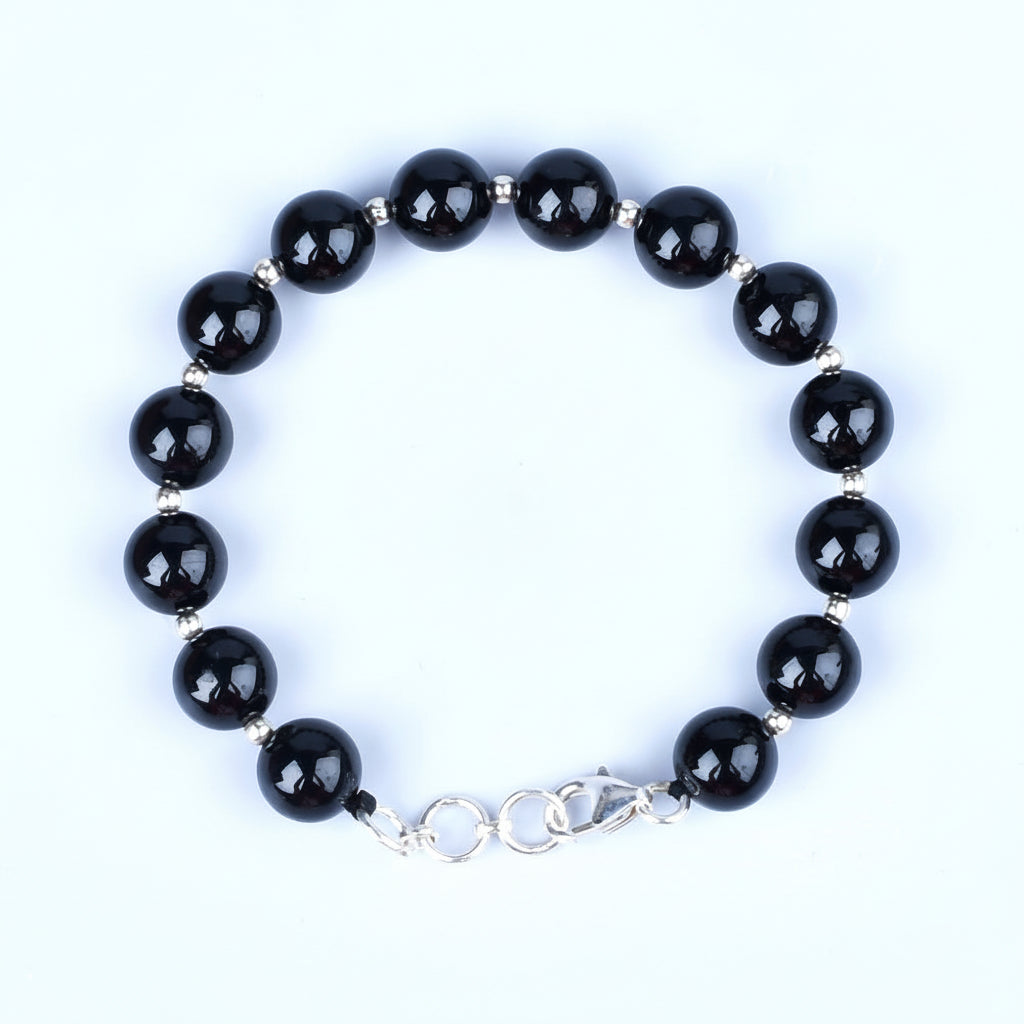 Black Tourmaline 925 Silver Ball Bracelet-10 mm