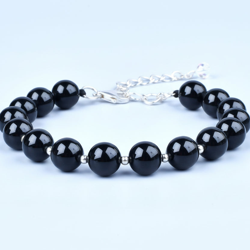 Black Tourmaline 925 Silver Ball Bracelet-10 mm