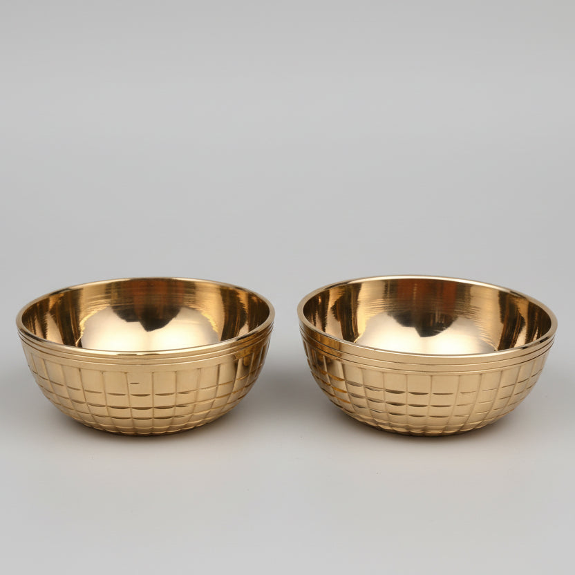 Brass Puja Katori Bowls Globe Grid Pattern For Tilak, Prasad, Akshat Rice (Set of 2)