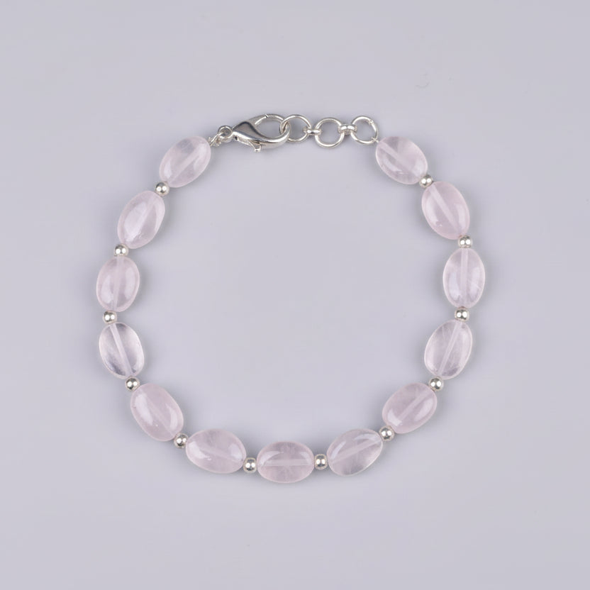 Rose Quartz Flat Oval German Silver Balls Bracelet-10 mm