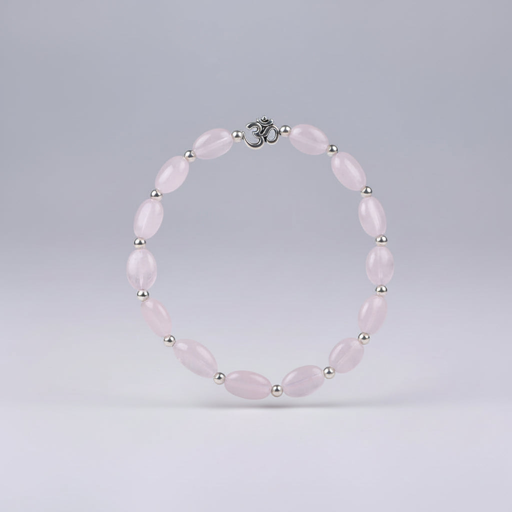 Rose Quartz Flat Oval German Silver Balls Bracelet-10 mm