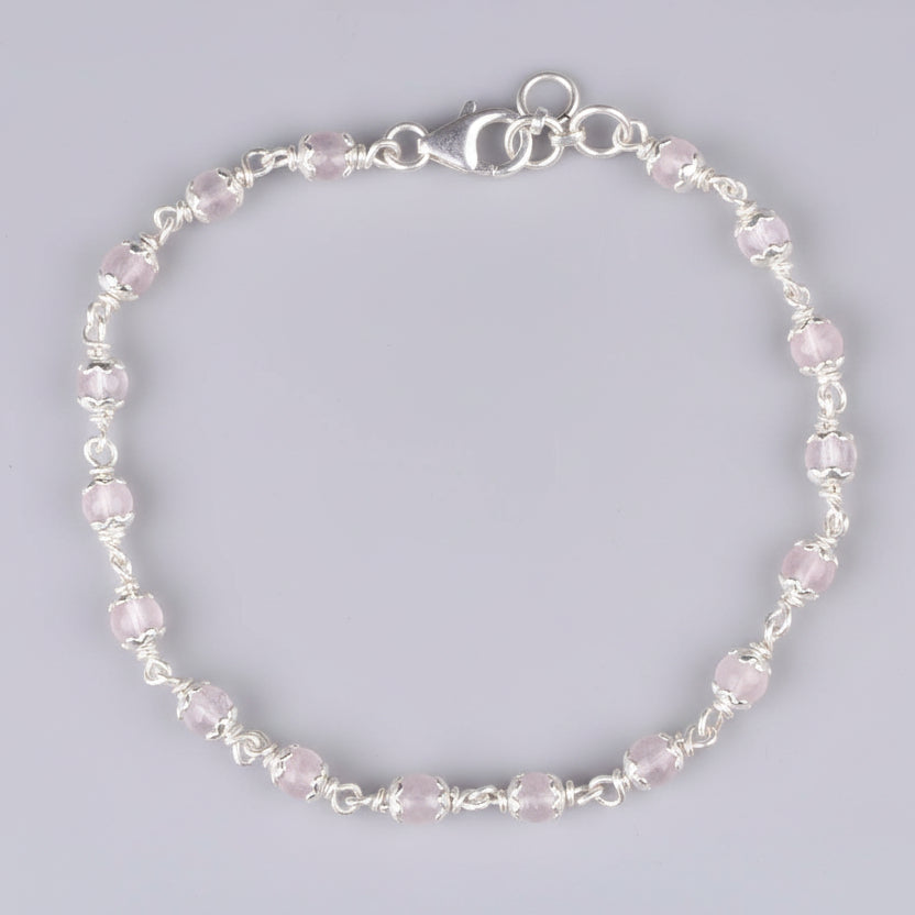 Rose Quartz 925 Silver Flower Caps Bracelet-4 mm