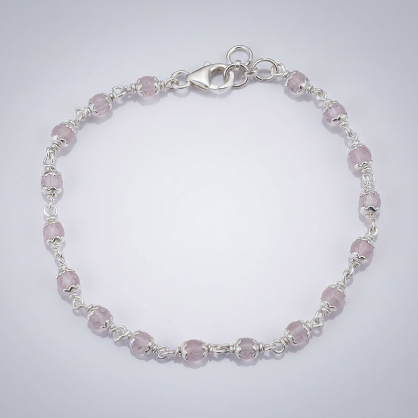Rose Quartz 925 Silver Flower Caps Bracelet-6 mm