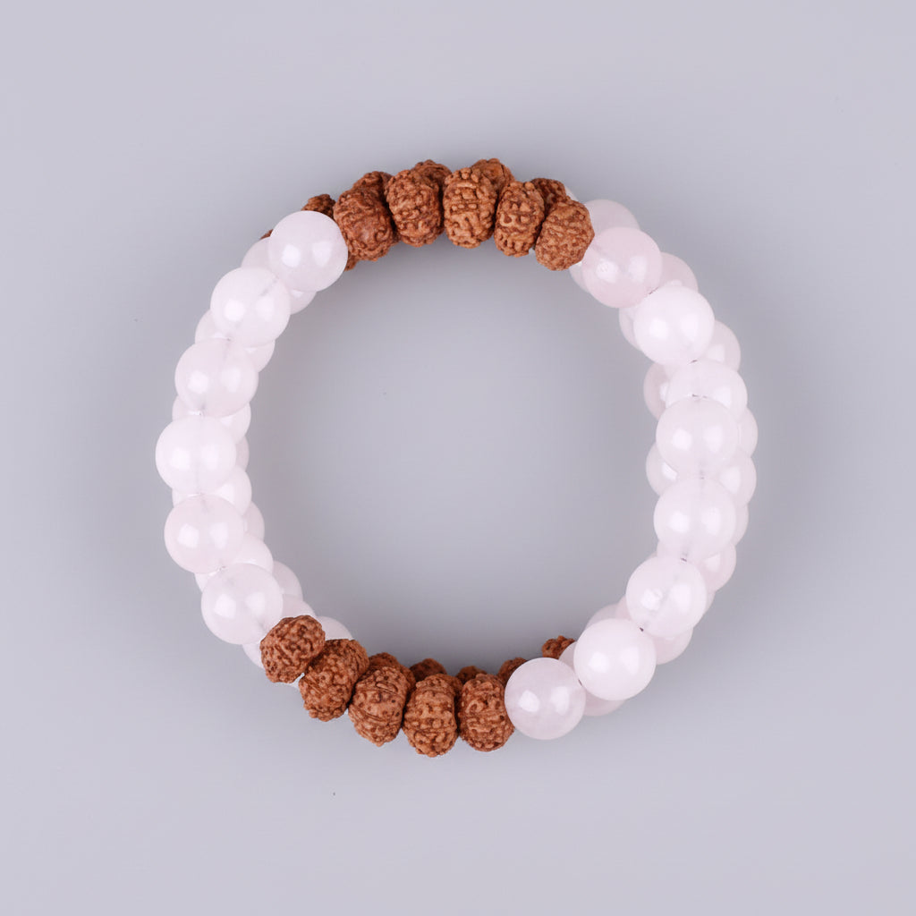 Rose Quartz & 7 Mukhi Rudraksha Spiral Stack Bracelet-6 mm