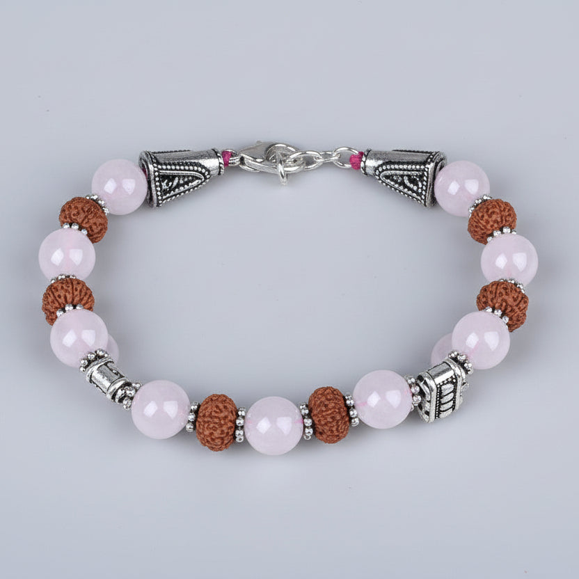 Rose Quartz & 7 Mukhi Rudraksha 2 Layers German Silver Bracelet-8 mm