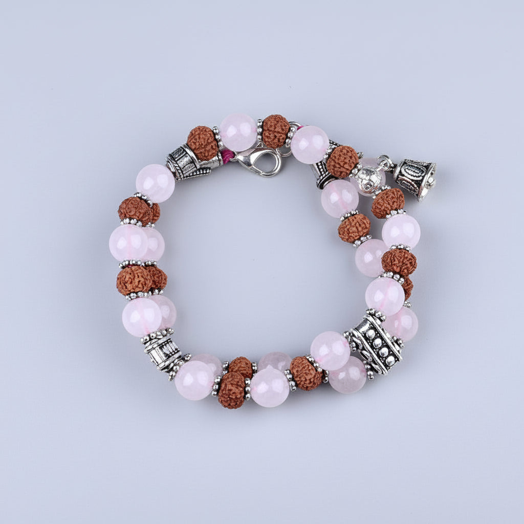 Rose Quartz & 7 Mukhi Rudraksha 2 Layers German Silver Bracelet-8 mm