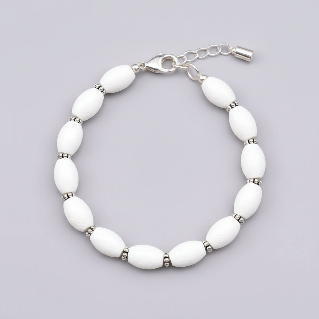 White Coral Drum Shape Beads 925 Silver Chakri Bracelet
