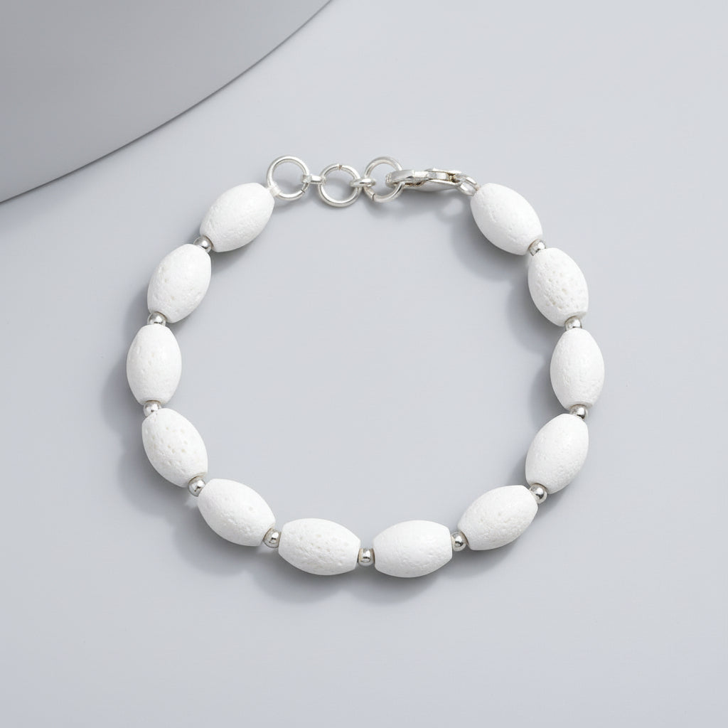 White Coral Drum Shape Beads 925 Silver Ball Bracelet