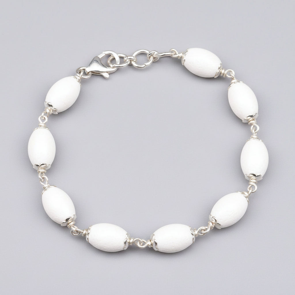 White Coral Drum Shape Beads 925 Silver Flower Caps Bracelet