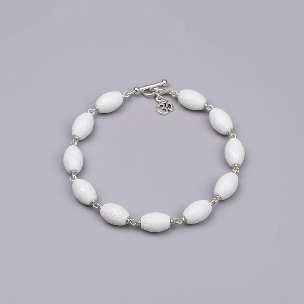 Drum Shape White Coral 925 Silver Wire Bracelet