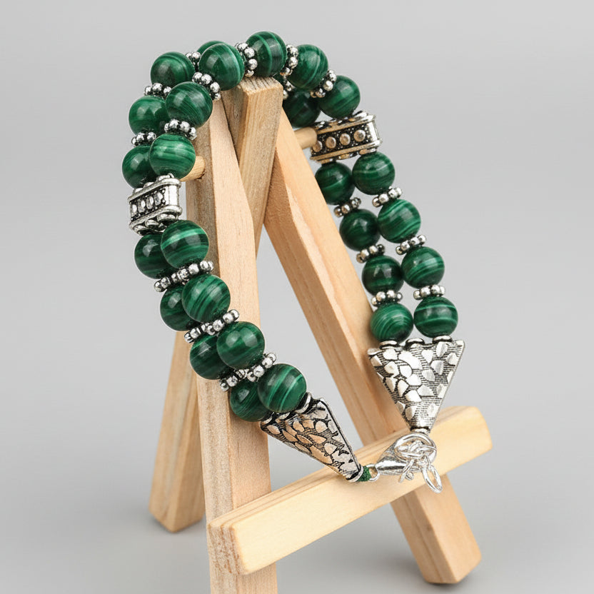 Malachite Silver Chakri Double Layer Bracelet-8 mm