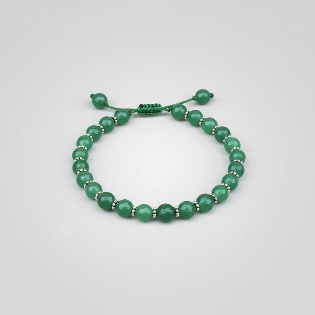 Green Aventurine Faceted Beads Silver Chakri Adjustable Bracelet