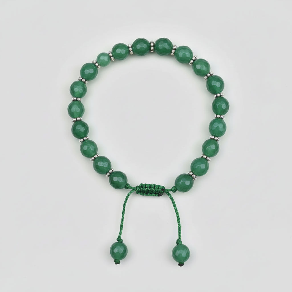 Green Aventurine Faceted Beads Silver Chakri Adjustable Bracelet