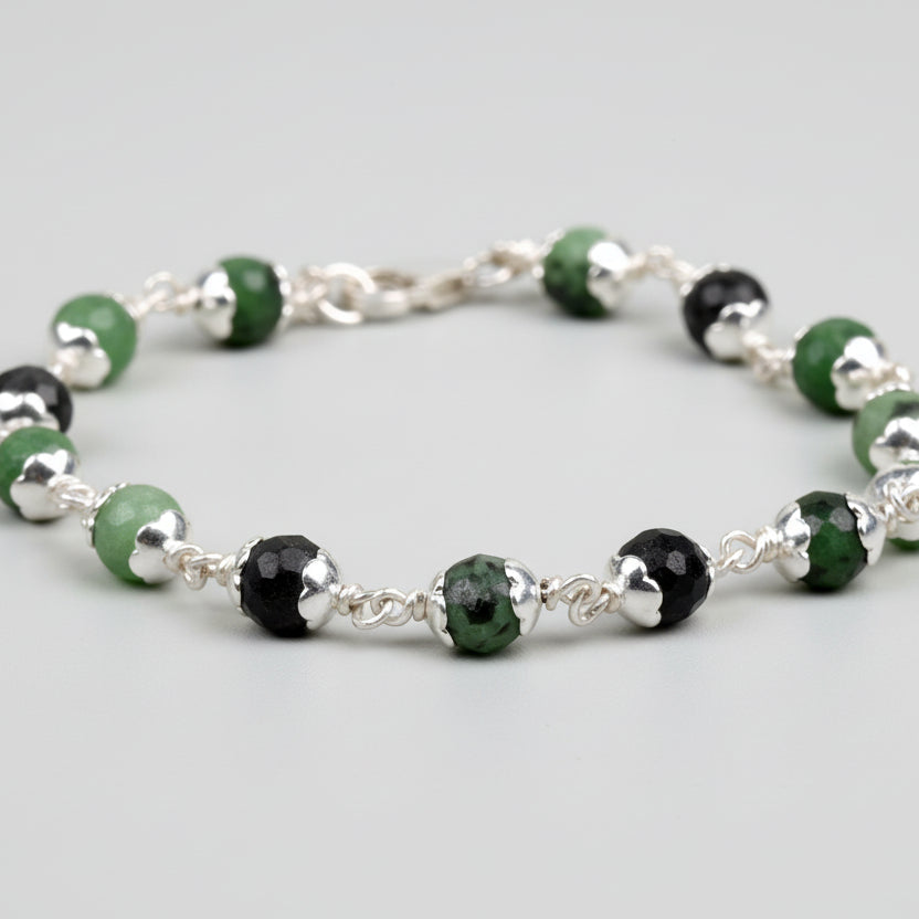 Ruby Zoisite Faceted 925 Silver Flower Caps Bracelet