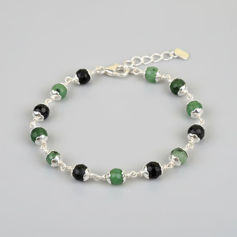 Ruby Zoisite Faceted 925 Silver Flower Caps Bracelet