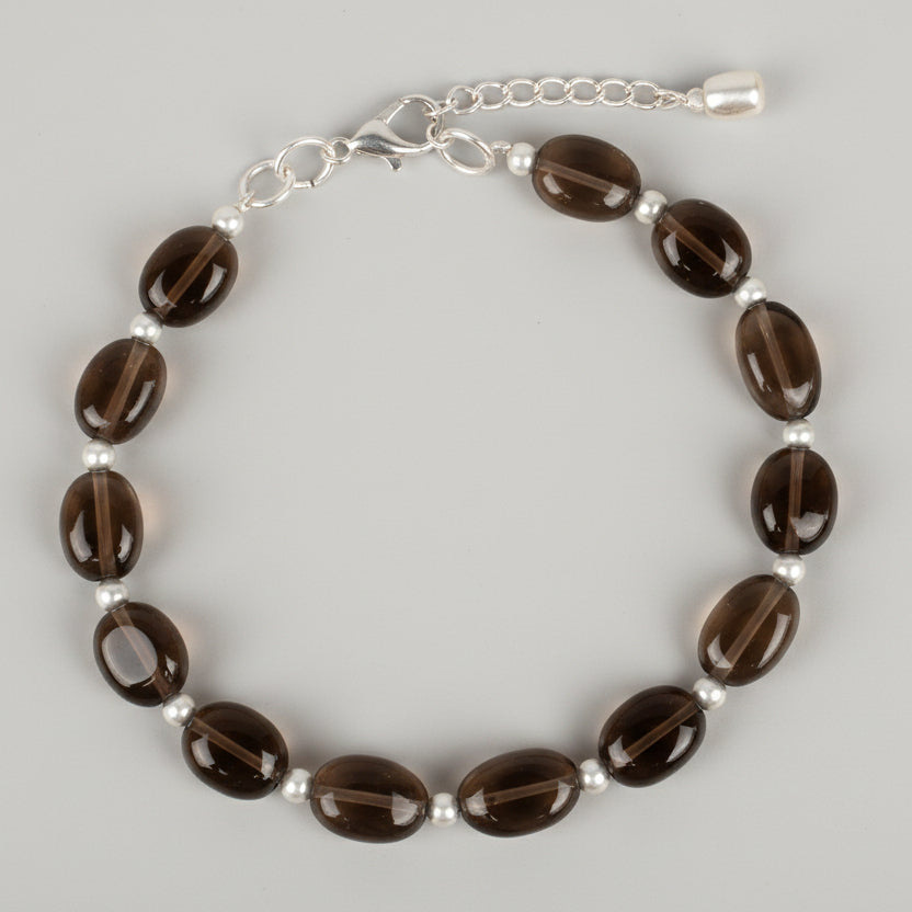 Smoky Quartz Oval Beads German Silver Balls Bracelet