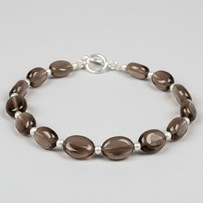 Smoky Quartz Oval Beads German Silver Balls Bracelet