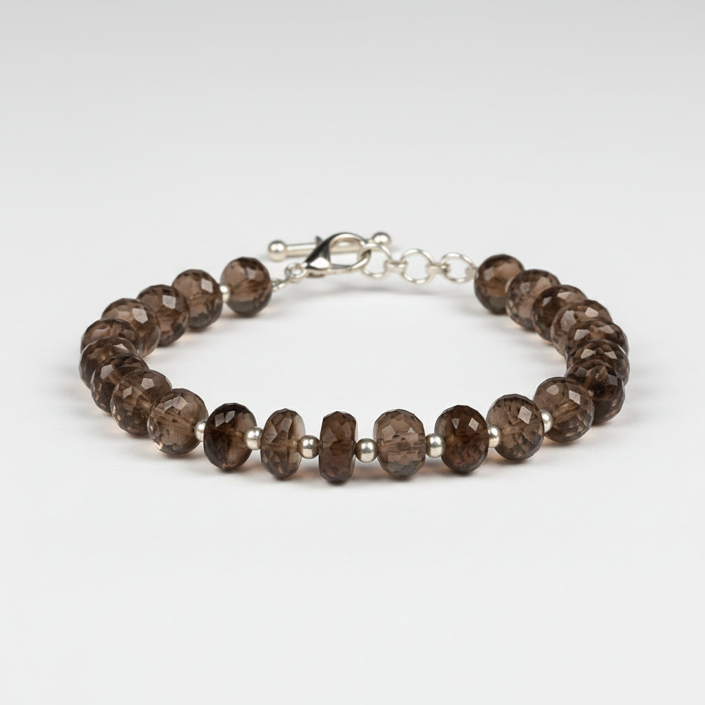 Smoky Quartz Faceted Elliptical Beads German Silver Balls Bracelet