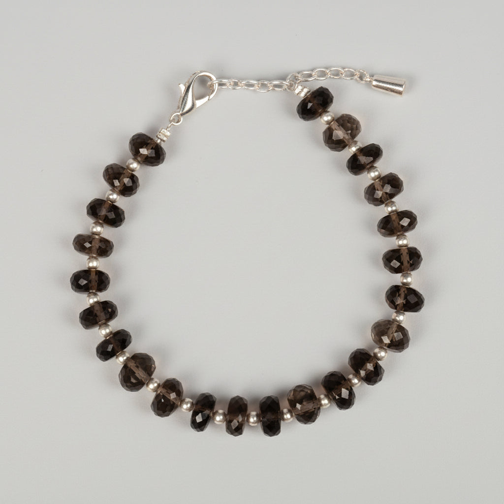 Smoky Quartz Faceted Elliptical Beads German Silver Balls Bracelet
