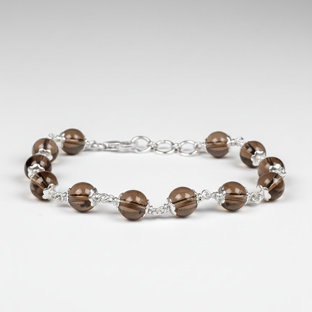 Smoky Quartz 925 Silver Flower Caps Bracelet