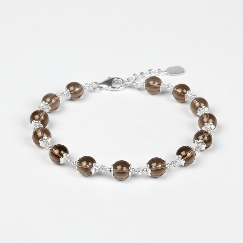 Smoky Quartz 925 Silver Flower Caps Bracelet
