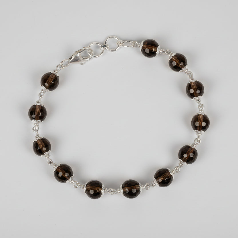 Faceted Smoky Quartz 925 Silver Flower Caps Bracelet