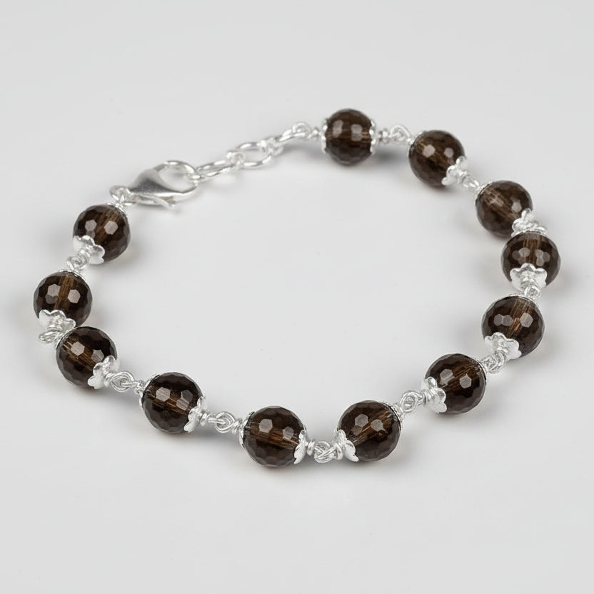 Faceted Smoky Quartz 925 Silver Flower Caps Bracelet