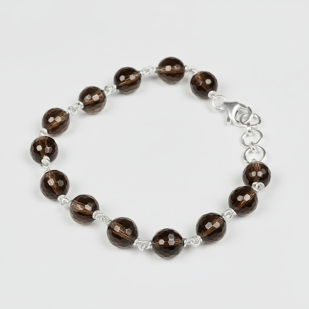 Faceted Smoky Quartz 925 Silver Wire Bracelet