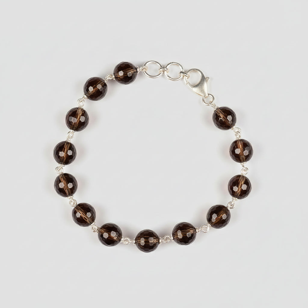 Faceted Smoky Quartz 925 Silver Wire Bracelet