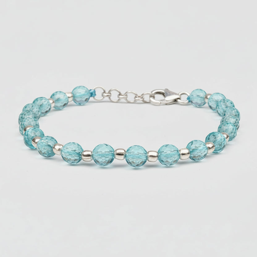 Aquamarine Faceted Beads 925 Silver Ball Bracelet-6 mm