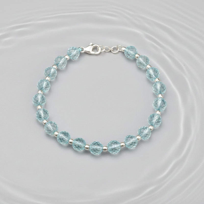 Aquamarine Faceted Beads 925 Silver Ball Bracelet-6 mm