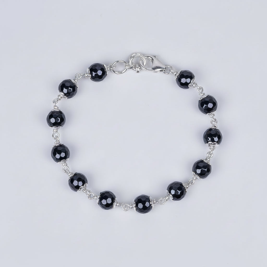 Hematite Faceted Beads 925 Silver Flower Caps Bracelet