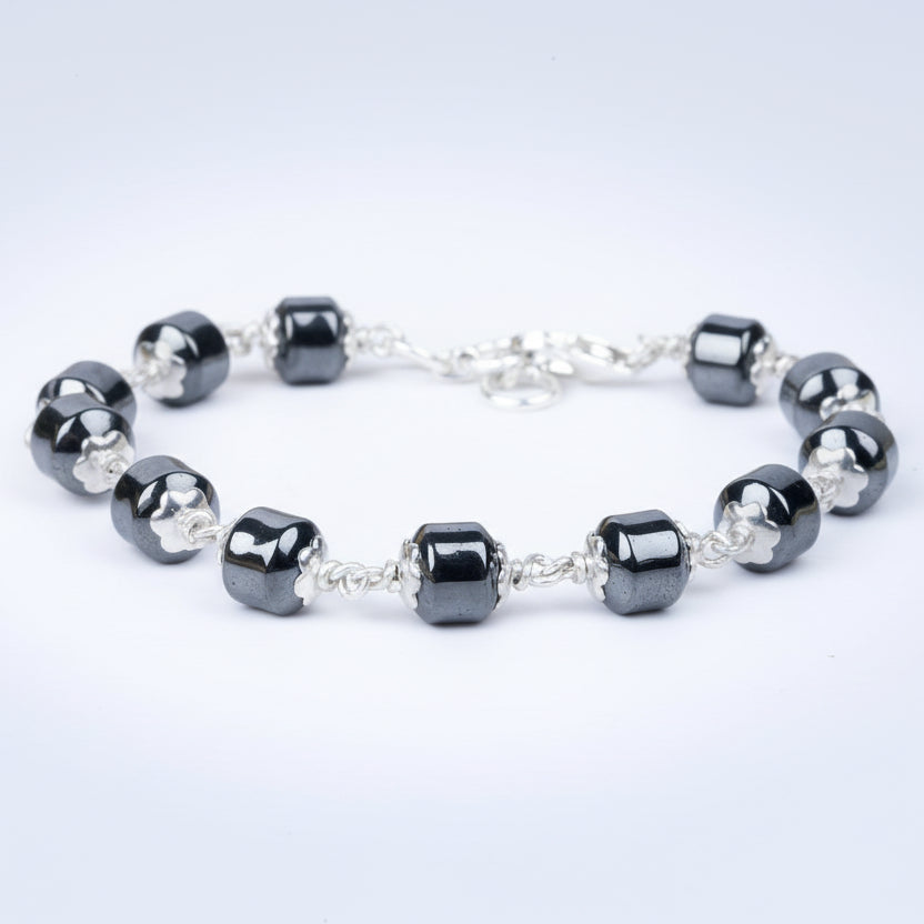 Hematite Cylindrical Beads 925 Silver Flower Caps Bracelet