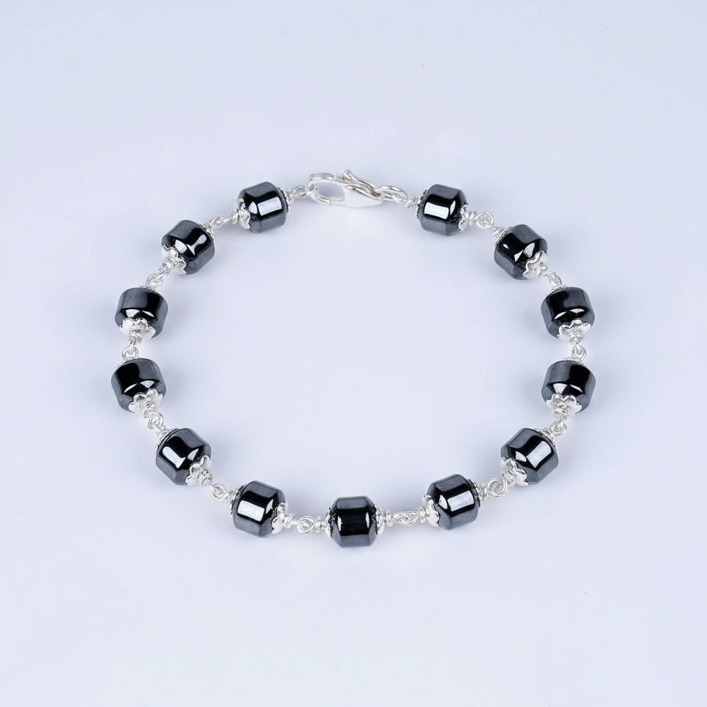 Hematite Cylindrical Beads 925 Silver Flower Caps Bracelet