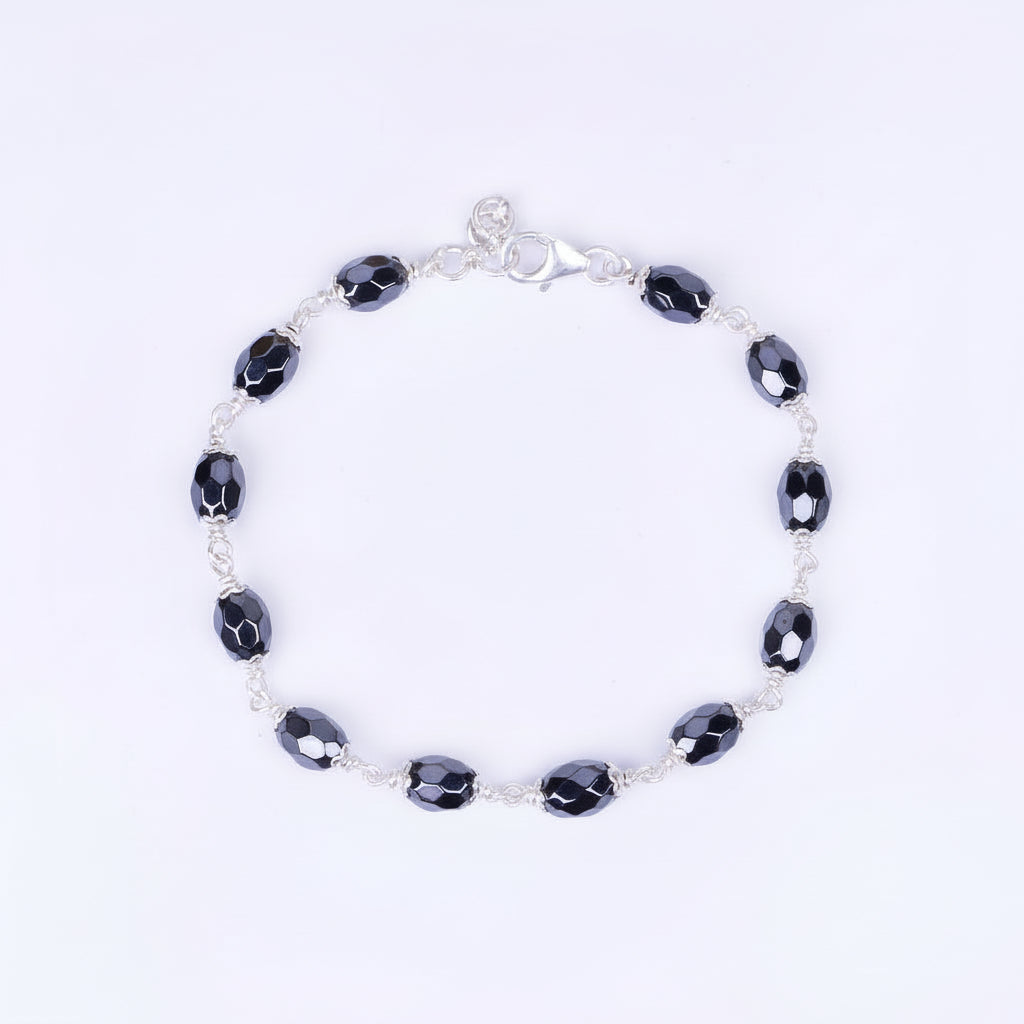 Hematite Faceted Oval Beads 925 Silver Flower Caps Bracelet