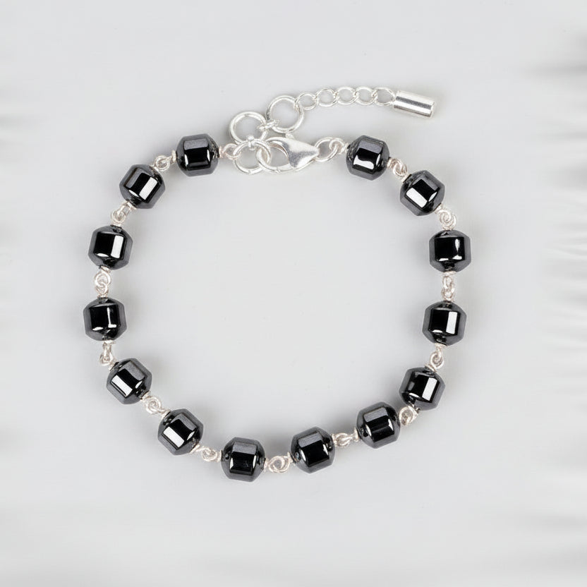 Hematite Cylindrical Beads 925 Silver Wire Bracelet