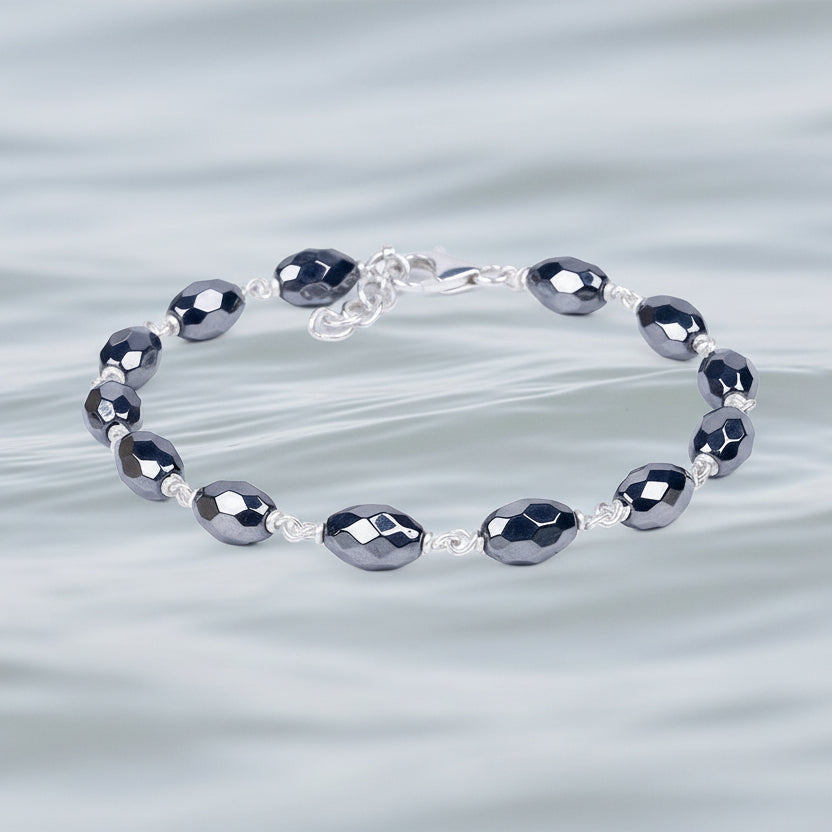 Hematite Faceted Oval Beads 925 Silver Wire Bracelet