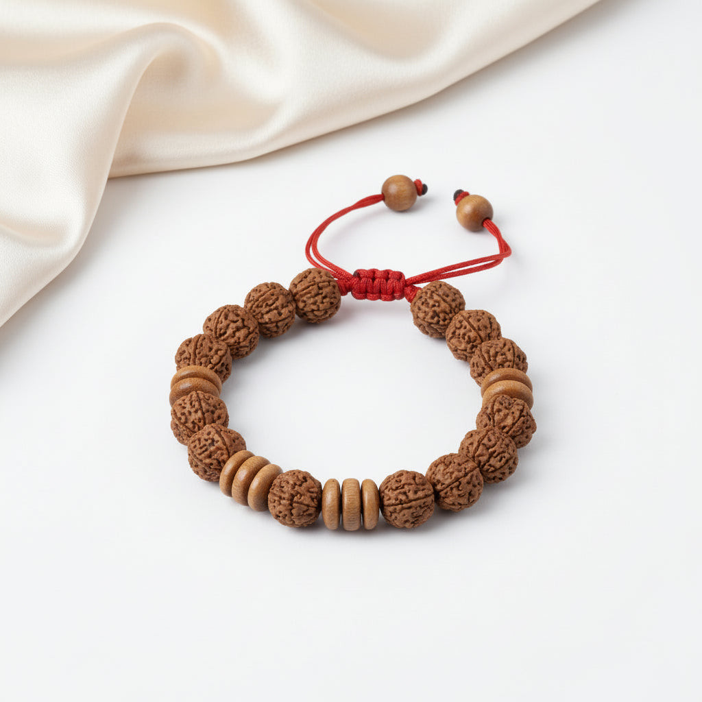 6 Mukhi Nepali Rudraksha Wooden Spacer Adjustable Bracelet-Large