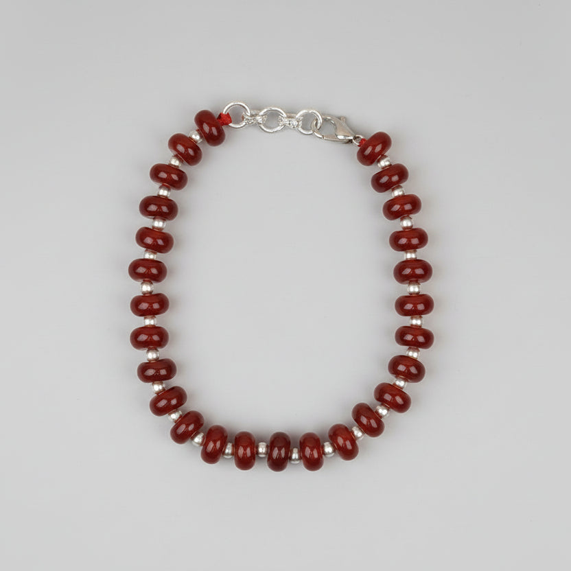 Red Carnelian Elliptical Beads German Silver Ball Bracelet
